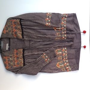 World Market Tunic Open Blouse Top Black & White Embroidered Women's S/M